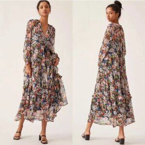 Anthropologie The Marais Printed Floral Sheer Overlay Chiffon Maxi Dress Large